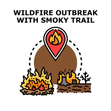 Wildfire outbreak location with smoke trail icon Stock Illustration