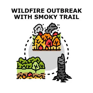 Wildfire outbreak spreading, burning forest, and charred tree stump Stock Illustration