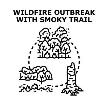 Wildfire outbreak spreading, burning forest, and charred tree stump Stock Illustration