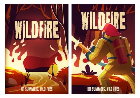 Wildfire posters with burning forest and fireman Stock Illustration