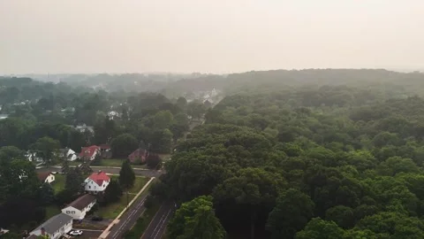 Wildfire smoke drifting across a dense forest and nearby homes... 스톡 동영상 340291067