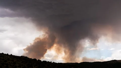 Wildfire smoke rising into storm clouds as it is raining Stock Footage 344604020