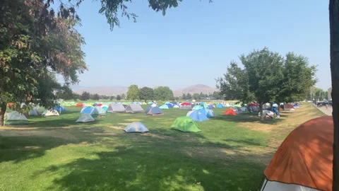 Wildfire tent camp spread over city park in Kamloops, B.C. Stock Footage 248931353
