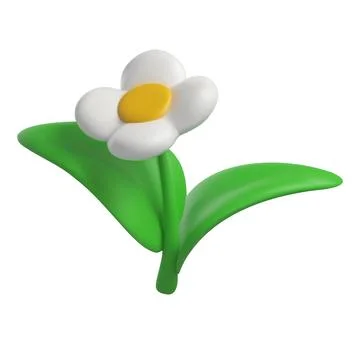 Wildflower 3D plastic style vector set, realistic chamomile with leaves, floral Stock Illustration