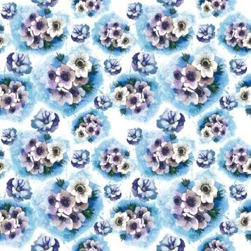 Wildflower blue anemone flower pattern in a watercolor style isolated. Illustrazione stock