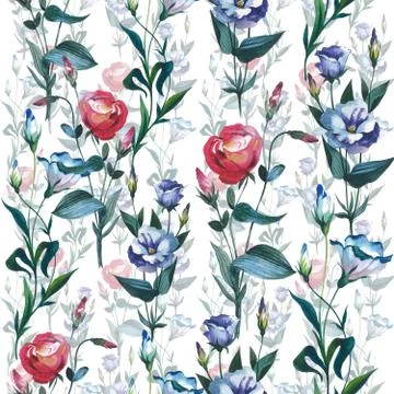 Wildflower Eustoma flower pattern in a watercolor style isolated. Illustrazione stock