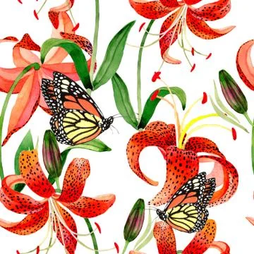 Wildflower leopard lily flower pattern in a watercolor style isolated Stock Illustration