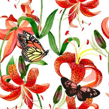 Wildflower leopard lily flower pattern in a watercolor style isolated Stock Illustration