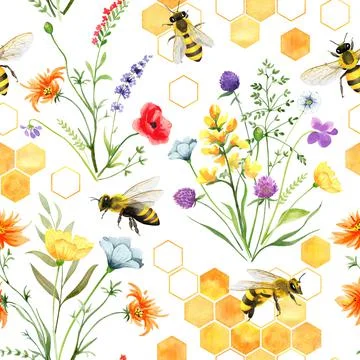 Wildflowers and bees seamless pattern, Meadow flowers with bees and honeycombs Stock Illustration
