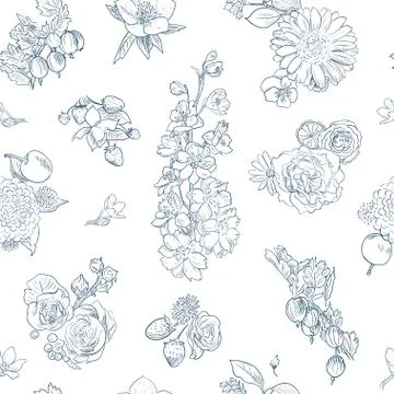 Wildflowers berries seamless pattern Hand drawn vector illustration vintage Stock Illustration