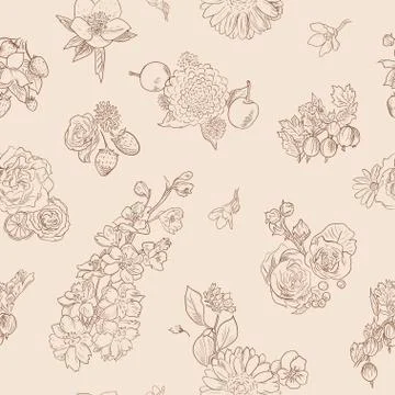Wildflowers berries seamless pattern Hand drawn vector illustration vintage Stock Illustration
