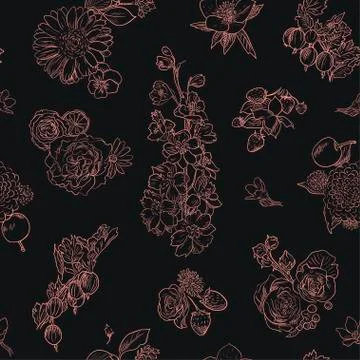 Wildflowers berries seamless pattern Hand drawn vector illustration vintage Illustrazione stock