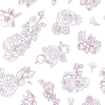 Wildflowers berries seamless pattern Hand drawn vector illustration vintage Stock Illustration