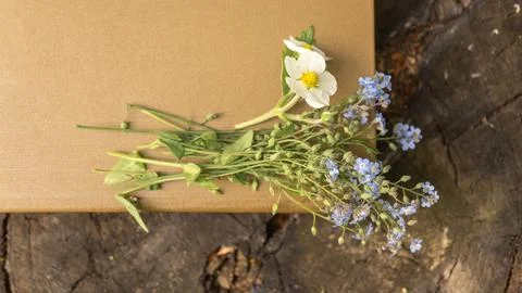 Wildflowers on brown gift box on rustic wooden surface Stock Photos