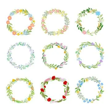 Wildflowers Circle Frames Vector Set. Circular Botanical Wreath Collection Illustrazione stock