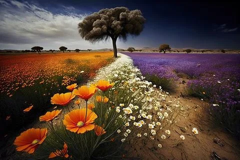 Wildflowers in sunset light. Blooming spring meadow. Field of summer flowers Stock Illustration