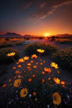 Wildflowers in sunset light. Blooming spring meadow. Field of summer flowers Stock Illustration