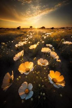 Wildflowers in sunset light. Blooming spring meadow. Field of summer flowers Stock Illustration