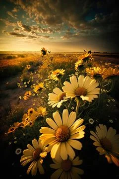 Wildflowers in sunset light. Blooming spring meadow. Field of summer flowers Stock Illustration