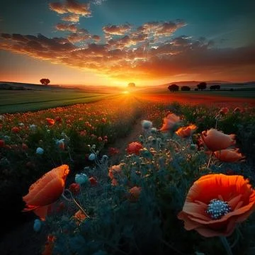 Wildflowers in sunset light. Blooming spring meadow. Field of summer flowers Stock Illustration