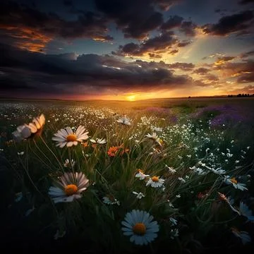 Wildflowers in sunset light. Blooming spring meadow. Field of summer flowers Stock Illustration
