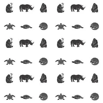 Wildlife animal silhouettes pattern featuring pandas, rhinos, gorillas, tur.. Stock Illustration