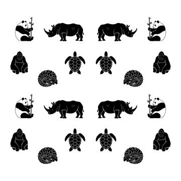 Wildlife conservation pattern featuring black silhouettes of endangered ani.. Stock Illustration