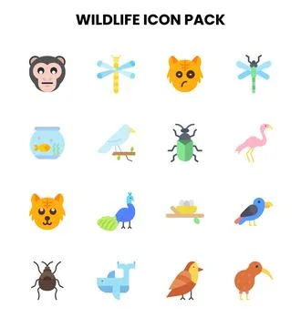 Wildlife Flat Vector Icons Pack Stock Illustration