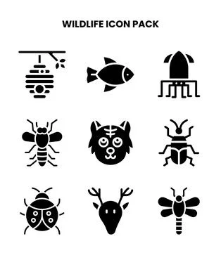 Wildlife Glyph Vector Icons Pack Stock Illustration