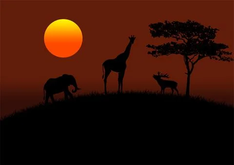 Wildlife in the hill at sunset vector Illustrazione stock