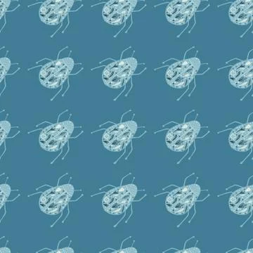 Wildlife seamless doodle pattern with folk bugs silhouettes. Blue colors pale Stock Illustration