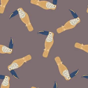 Wildlife seamless pattern with hand drawn beige toucan birds elements. Grey b Stock Illustration
