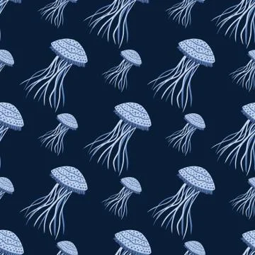 Wildlife seamless pattern with light blue sea jellyfish figures. Exotic anima Stock Illustration