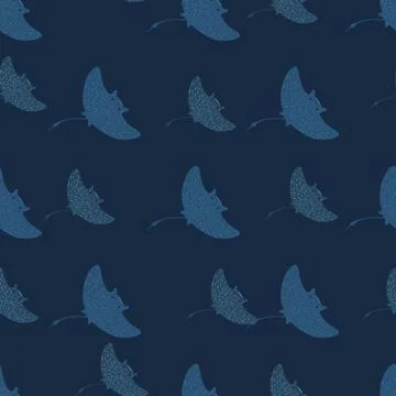 Wildlife seamless pattern with nature stingray silhouettes print. Navy blue d Illustrazione stock