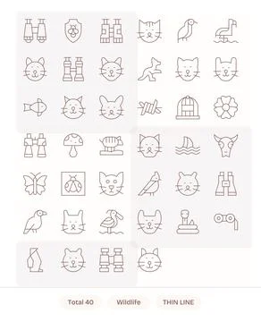 Wildlife Vector Icon Set with 40 Thin Line 256x256 Pixel Optimized Graphics Stock Illustration