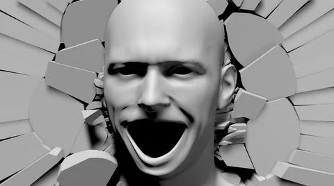 Wildly smiling 3D Head on broken Texture wall Stock Illustration