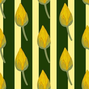Wilflife asian botany seamless pattern with doodle lotus bud elements. Yellow Stock Illustration