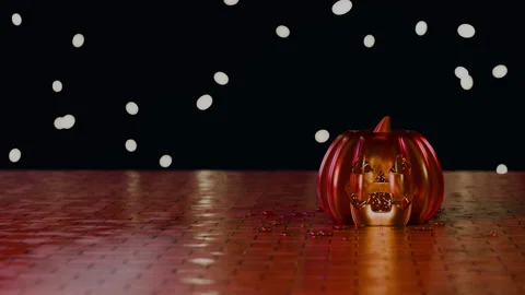Will-o'-the-wisps floating around jack-o'-lantern on golden path, 4K Stock Footage 346120150