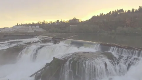 Willamette Falls Dawn Fly Up and Over Video stock 82702108