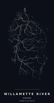 Willamette River Basin Watershed Map Line Art Dark Poster Stock Illustration