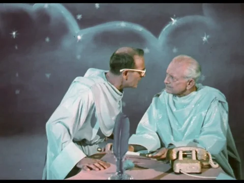 Willberg talks with head angels and he leaves - 1956 Stock Footage 95178724