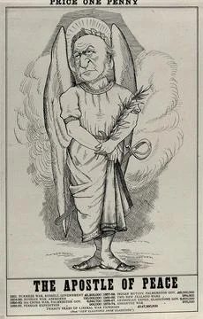 William Gladstone, amid clouds, dressed as an angel with a sword. Engraving.. Stock Illustration