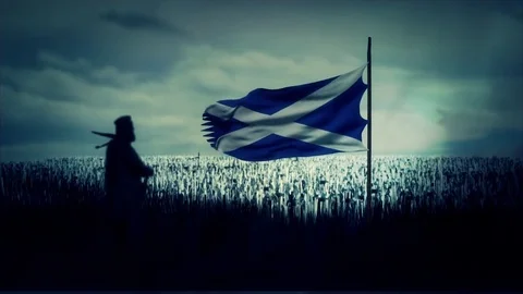 William Wallace Standing in Front His Army with Scotland Flag Stock Footage 76666291
