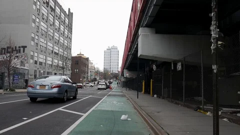 Williamsburg Bridge Bicycle Path Dark Cloudy Day Stock Footage 128008401