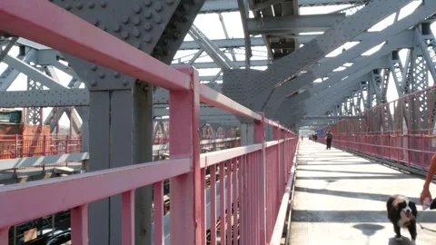 Williamsburg Bridge in Brooklyn, New York City, USA. People run on bridge near Stock Footage 346603476
