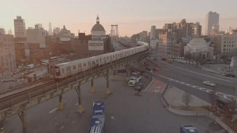 Williamsburg Bridge Brooklyn, Subway, New York City, Aerial Sunset Drone Skyline Stock Footage 170773826