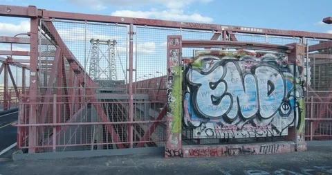 Williamsburg Bridge New York City Establishing End Cityscape NYC Graffiti 4K Stock Footage