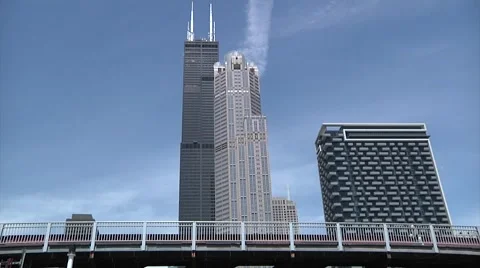 Willis (Sears) Tower Chicago - Low Angle Passing Under Bridge - 720p Stock Footage 45321903
