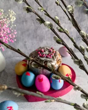 Willow branches and Easter cake with colorful painted eggs, Orthodox Easter,  Stock Photos