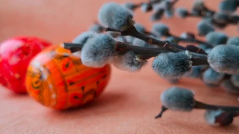 Willow branches with fluffy buds and Easter eggs Stock Footage 104821743